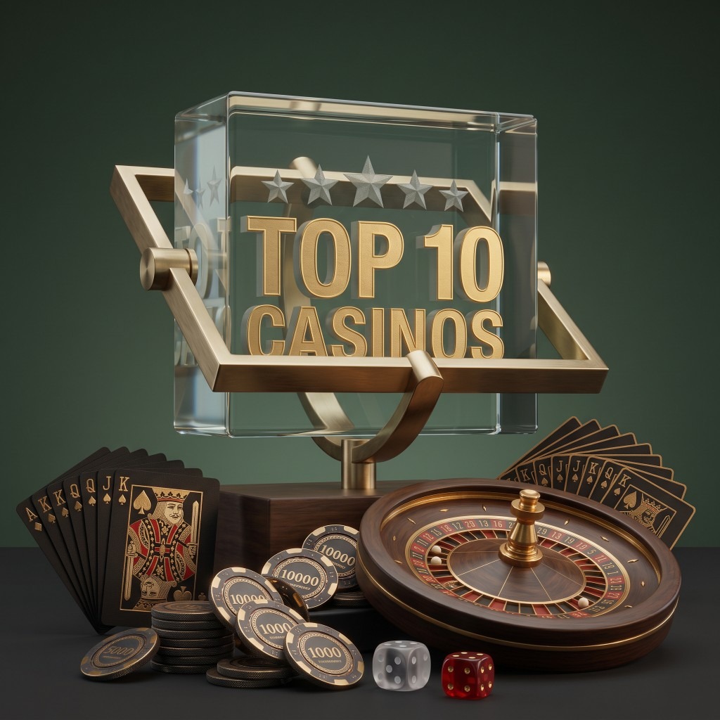 Gold trophy reading Top 10 Casinos, with playing cards, chips, dice and a roulette wheel